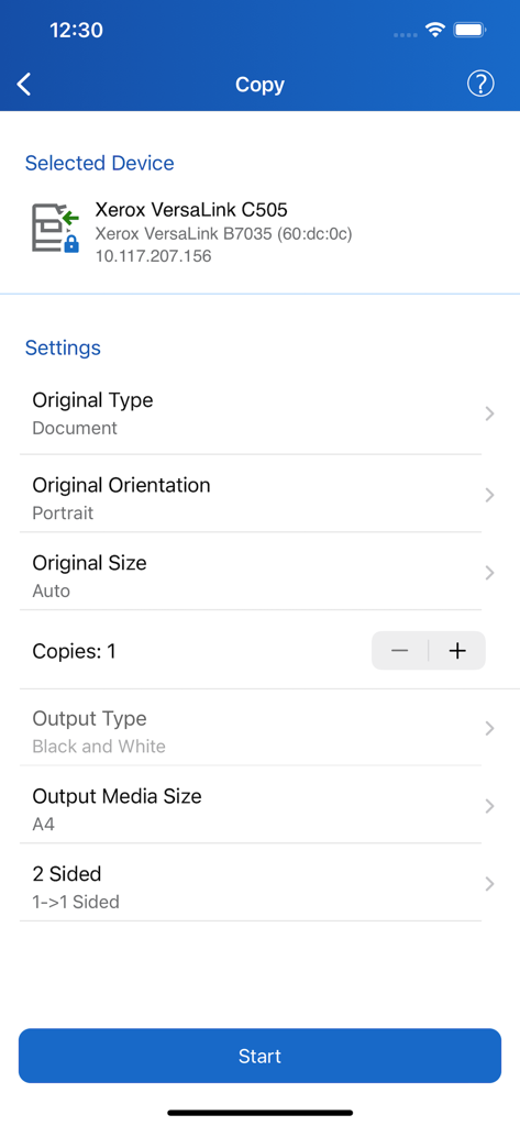 Xerox® Workplace - Xerox Workplace アプリのコピー設定画面。ドキュメントの向きと出力オプションが表示されます。