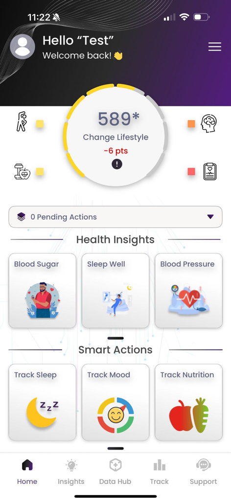 Health.IQ - The home screen of the Health.IQ app showing a personalized health score, health insights for blood sugar and sleep, and smart action tools for tracking mood and nutrition.
