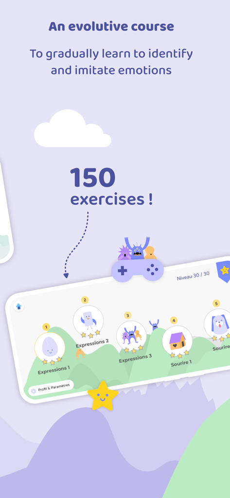 EMOFACE Play & Learn emotions - A screenshot of the EMOFACE app interface showing a progressive learning path with various levels and characters for emotional identification exercises