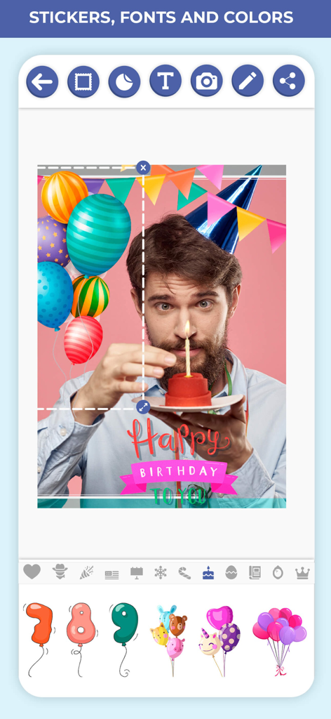 Frames 2026 Photo Editor day - Photo editor interface showing a birthday photo decorated with balloons and happy birthday text.