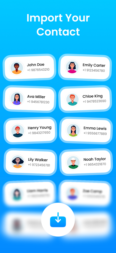 Interface of the MCBackup app showing a list of contacts with names and phone numbers ready to be imported
