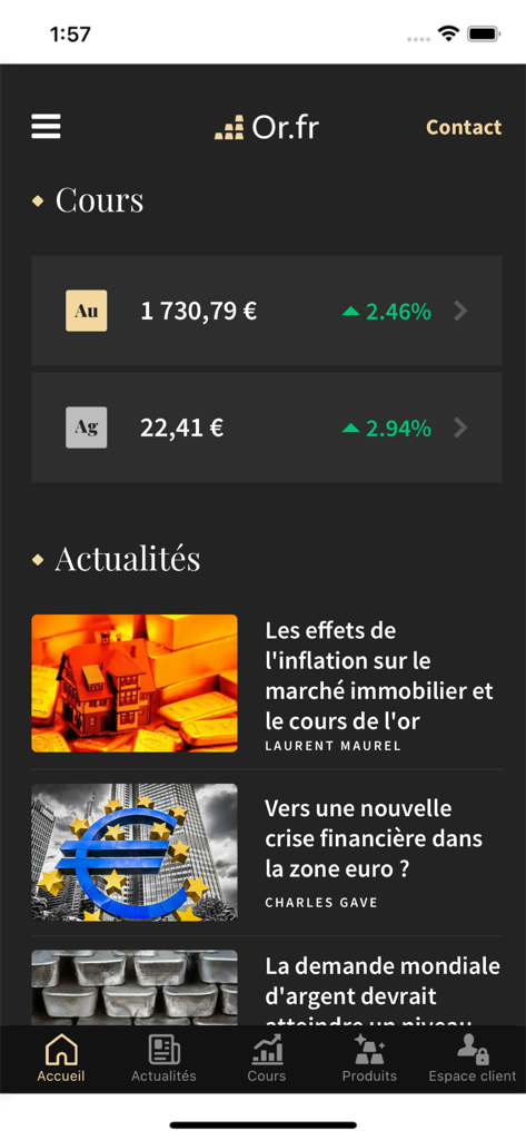 Panel de la aplicación GoldBroker mostrando precios de oro y plata y noticias