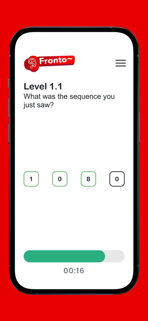 Tela de desafio de memória de sequência do aplicativo móvel Fronto mostrando entradas de números e um cronômetro