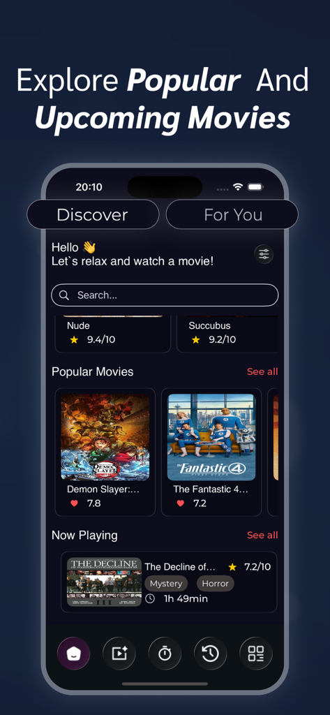 RAVE : Movies and TV shows - Pantalla de Descubrimiento de la aplicación RAVE con películas populares y sugerencias de visualización personalizadas.