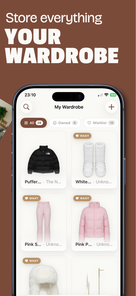 Adorna - Pantalla Mi Armario de la aplicación Adorna que muestra una colección digital de ropa de invierno y artículos de moda.