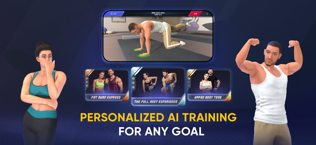 FitCraft －AI Fitness Coach - FitCraft app screen showing 3D workout animation and gamified exercise cards for personalized training