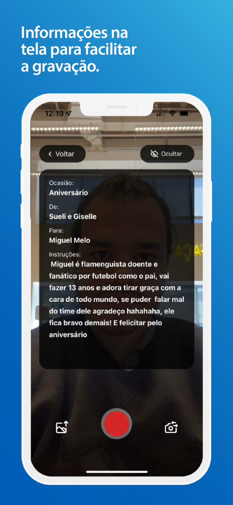 Hello Fan Ídolo - Pantalla de grabación de la aplicación Hello Fan Idolo mostrando a un influencer grabando un video personalizado con instrucciones de solicitud de fan superpuestas.