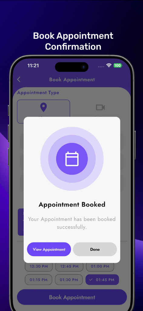 Meena Health - Meena Health app screen displaying a successful medical appointment booking confirmation