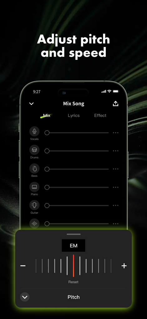 Interface of Stemify app showing pitch adjustment for music tracks