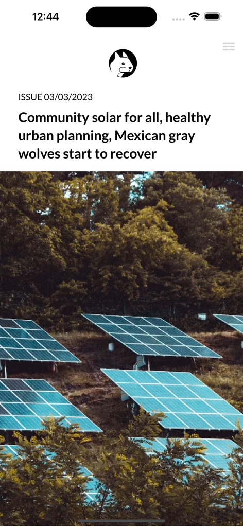 Squirrel News - Squirrel News app interface showing a constructive news headline about community solar power and environmental recovery.