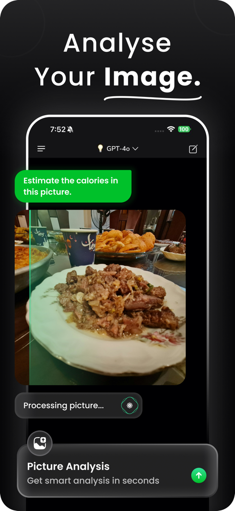 Gronk AI app interface showing smart image analysis of a food photo to estimate calories