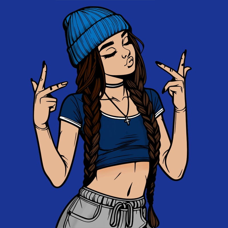 realistic teenage girl with braids and a beanie and crop top doing 🫶🏼
