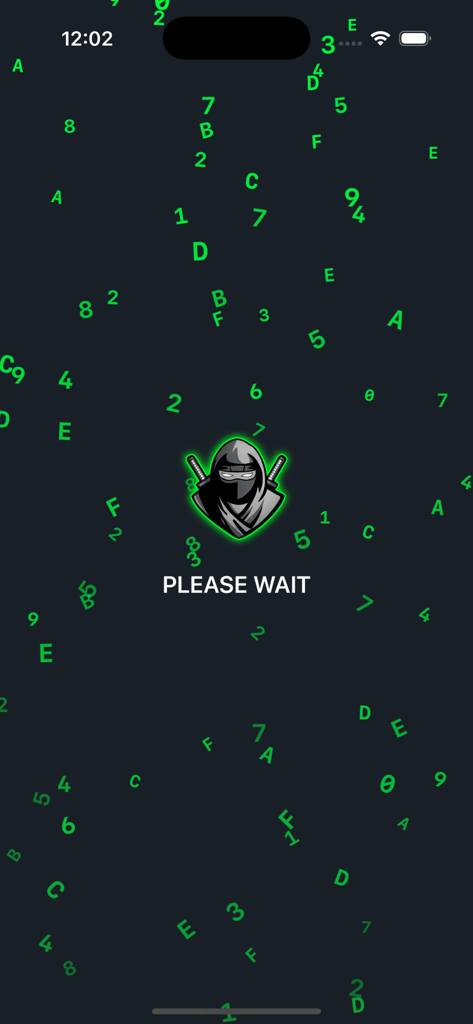Pantalla de carga de Delta Executor V2 con un logo de ninja y caracteres verdes estilo matrix cayendo.