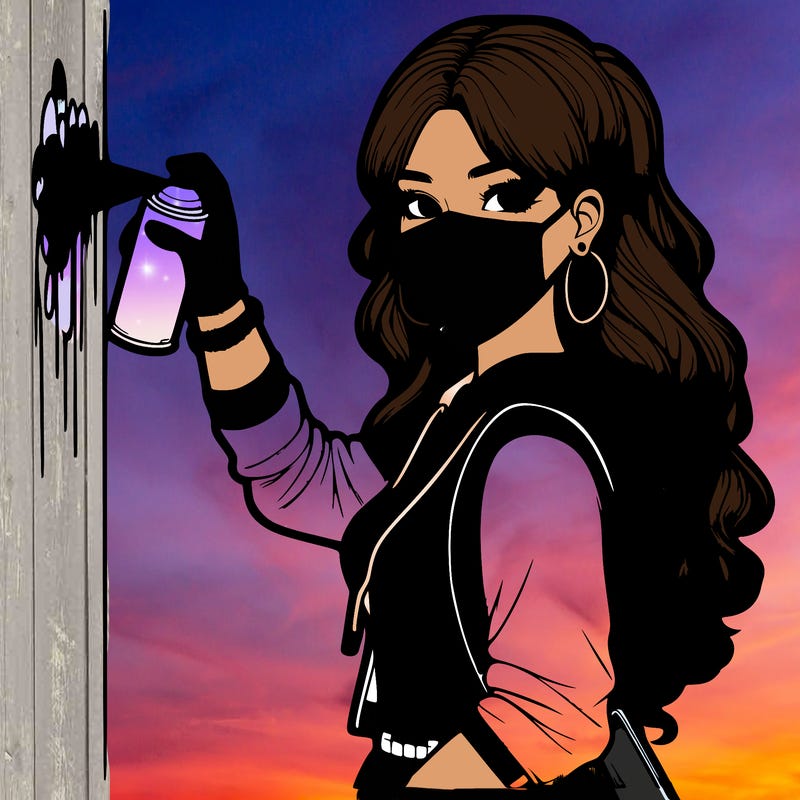 realistic girl with mask spray painting a wall