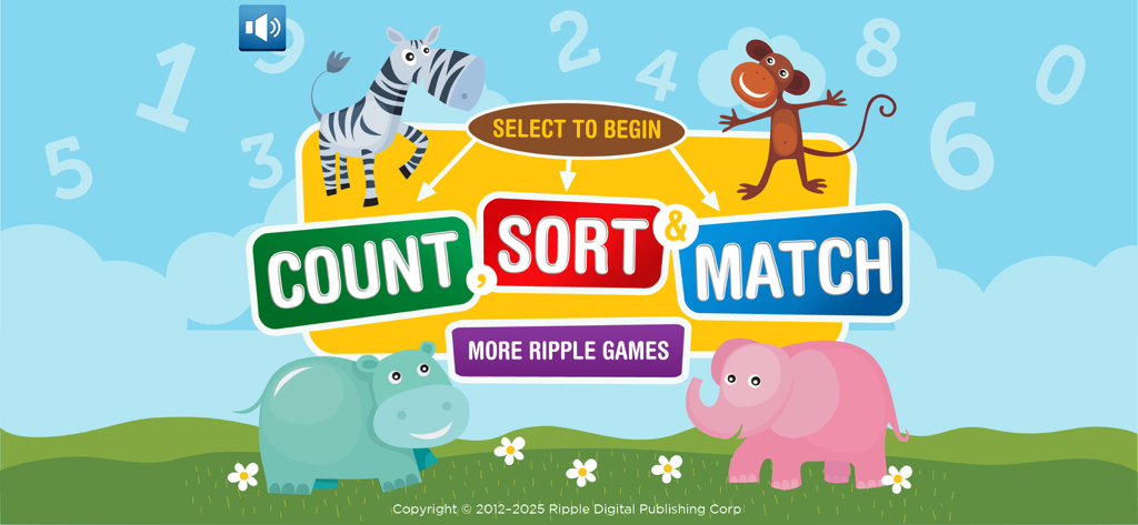 Count, Sort and Match - Main menu of Count Sort and Match app with cartoon zebra monkey hippo and elephant
