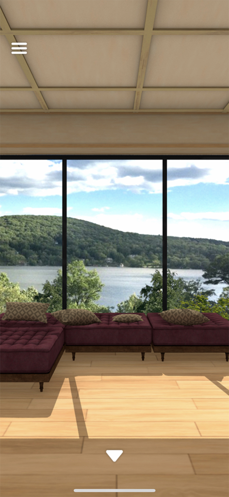 Escape Game: The Lake View - A sunlit luxury hotel room overlooking a serene lake and forested hills.