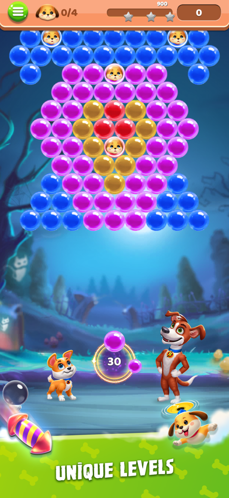 Bubble Shooter King - Bubble Shooter King gameplay screen showing unique levels and dogs rescuing pups from bubbles