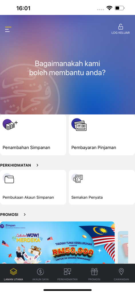 Panel de la aplicación móvil myPTPTN que muestra las opciones de pago de préstamos y ahorros