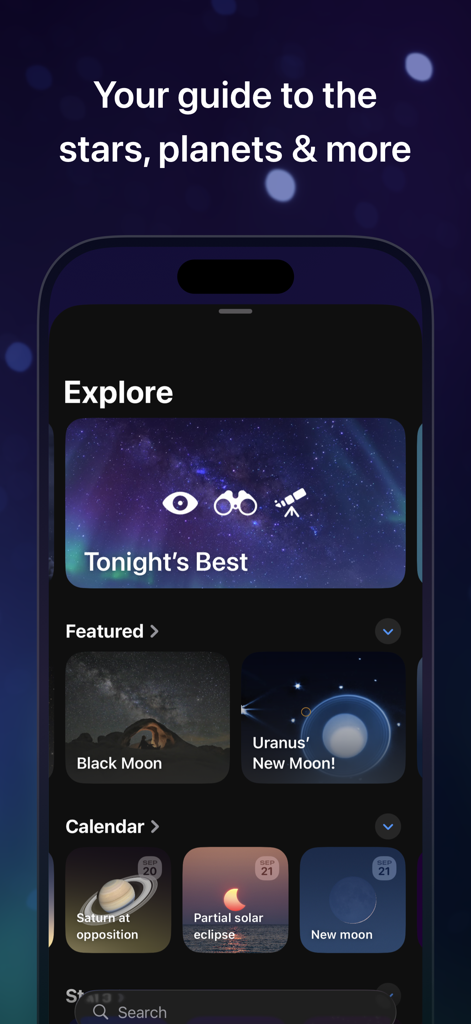 Sky Guide - Sky Guideアプリのエクスプロア画面、注目の天体イベントと月の満ち欠けや食の星空観察カレンダーが表示されています。