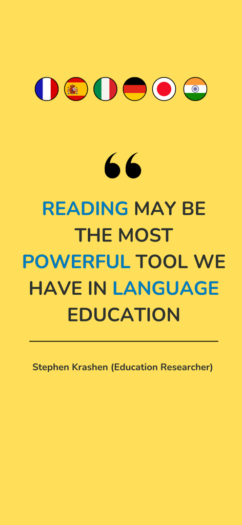 Linguin - Listening Practice - Yellow background featuring a quote by education researcher Stephen Krashen about the power of reading in language learning with various international flags