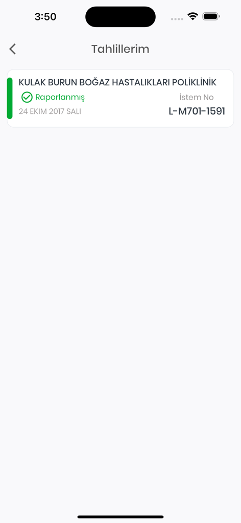 Cep Hastane - A screen from the Cep Hastane app displaying a completed medical test report from an ENT clinic