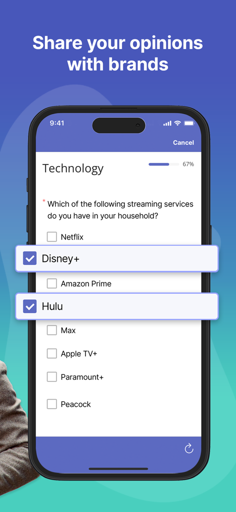 Interface do aplicativo móvel Ipsos iSay mostrando uma pesquisa sobre serviços de streaming domésticos