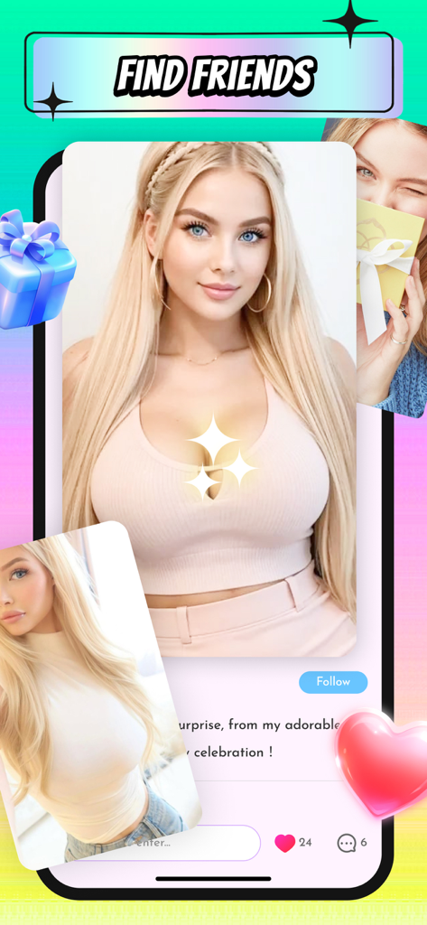 Video,Chat，Online Call - Glifa - Interfaz de la aplicación móvil Glifa que muestra perfiles de usuario y una función de búsqueda de amigos para regalos sociales