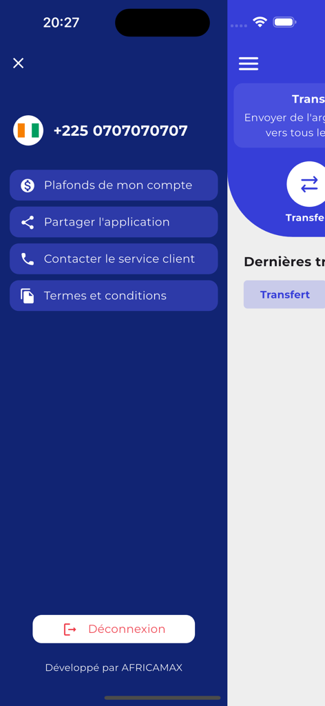 WalliSend - Menu lateral do aplicativo móvel WalliSend mostrando opções de conta e suporte ao cliente em francês