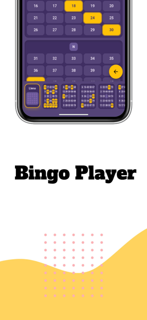 Bingo Player - Interfaz de la aplicación móvil Bingo Player para rastrear múltiples cartones de bingo físicos digitalmente