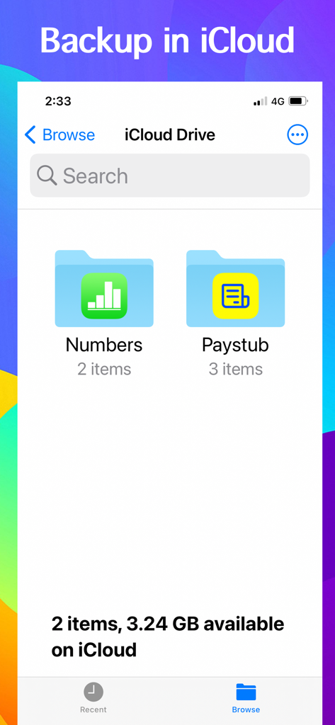 iPhone screen showing Paycheck Maker paystub folder in iCloud Drive for cloud backup and sync.