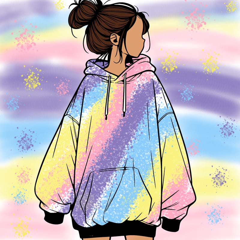 realistic girl with a oversized sweatshirt on and a bun
