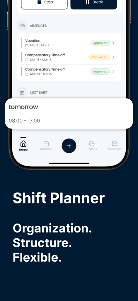Crewmeister Time Tracking - Crewmeister mobile app interface showing the shift planner with employee absences and upcoming shift schedule.