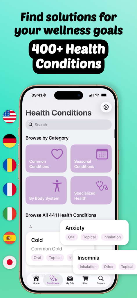 Essential Oils Guide - doTERRA - Interface of the Essential Oils Guide app showing a searchable database of over 400 health conditions and natural protocols