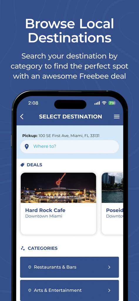 Ride Freebee - Ride Freebee app screenshot showing local destinations search and exclusive deals in Miami