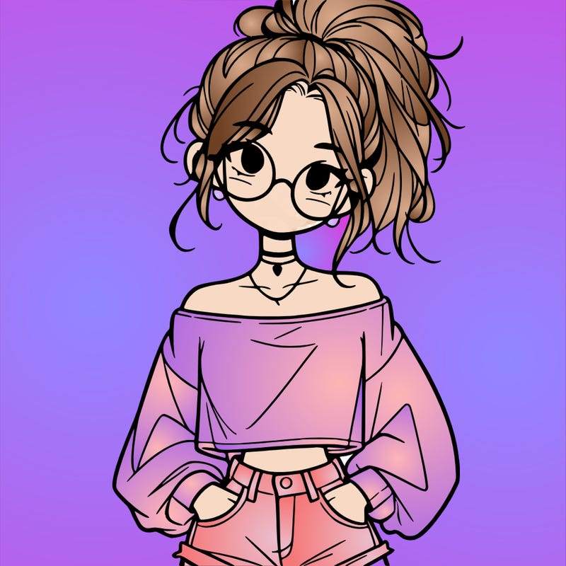 girl with a messy ponytail glasses a baggy crop top and jean shorts