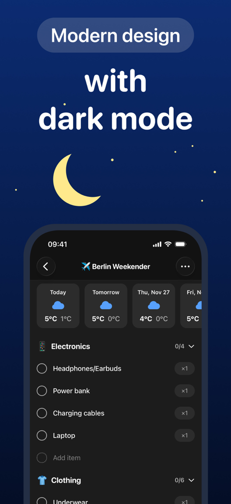 Interfaccia dell'app per la lista di imballaggio da viaggio in modalità scura, con previsioni meteo e categorie di articoli.