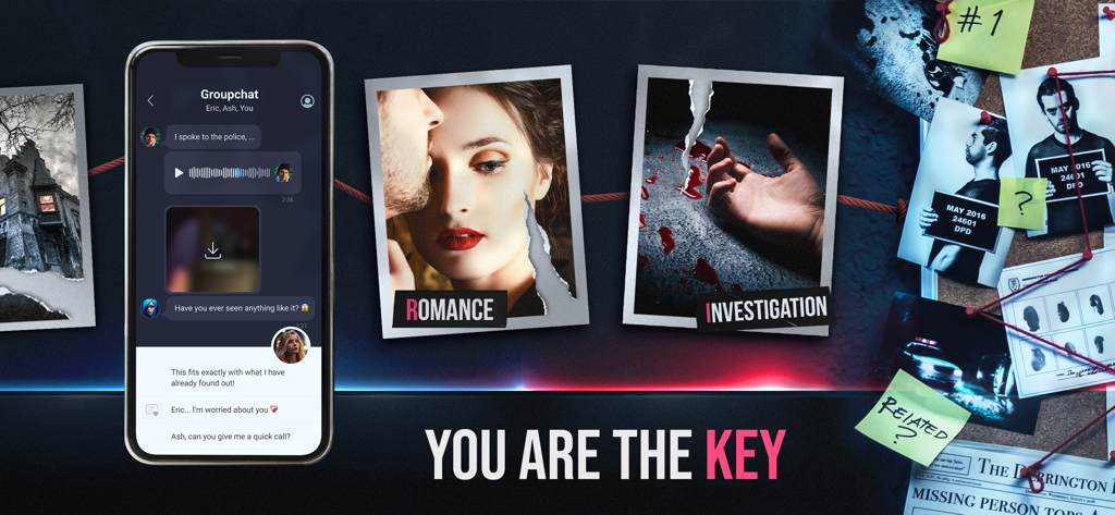 Moonvale: Murder Mystery Game - Moonvale game promotional graphic featuring a mobile messenger chat and a detective investigation board