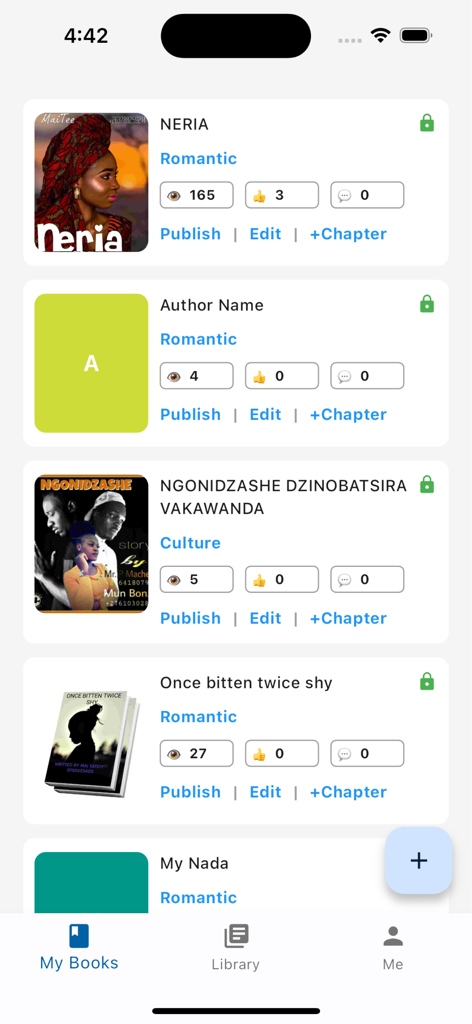 The My Books dashboard of the Boom Writer app displaying a list of written works with publishing and editing options