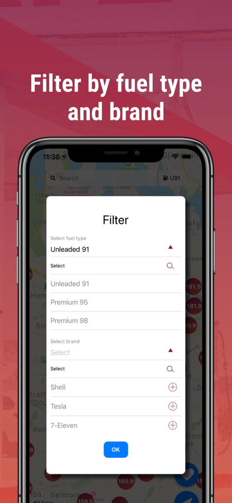 Fuel Check NSW - Cheap Petrol - Mobile app screen showing options to filter petrol prices by fuel type and station brand