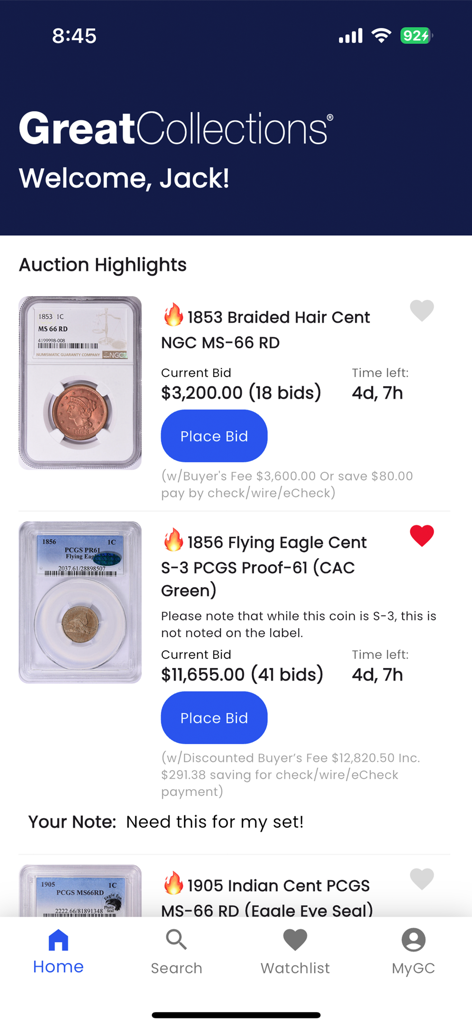 GreatCollections - GreatCollections app auction highlights screen featuring rare certified coins for bidding