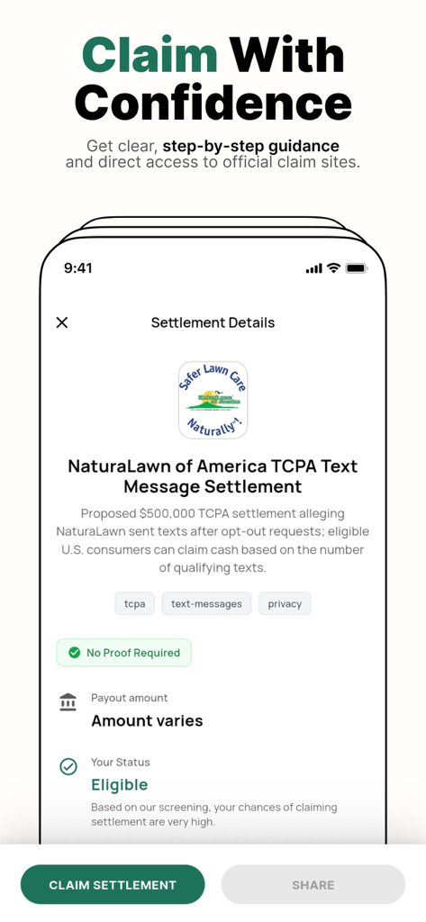 MoneyPilot: Class Action - Una pantalla de smartphone que muestra los detalles de la liquidación de la aplicación MoneyPilot para una reclamación de demanda colectiva, incluido el estado de elegibilidad y un botón de reclamación.