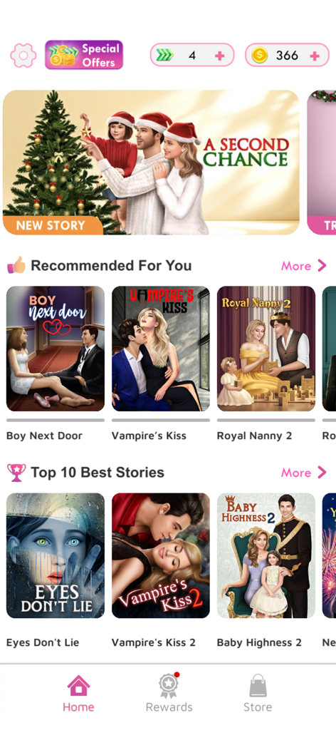 Decisions Choose Your Storyアプリのメインインターフェース、いくつかのロマンスとドラマのストーリーカバーを表示