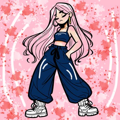 girl in baggy pants crop top and long hair