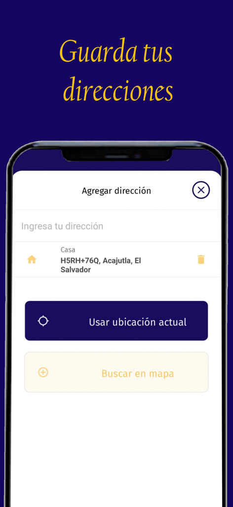 DeNi - DeNiアプリのモバイルインターフェース。スペイン語で配送先住所追加画面が表示されています。