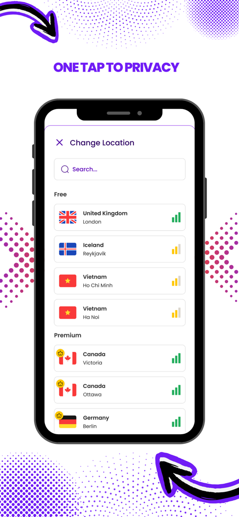 Ana VPN - Interfaz de la aplicación Ana VPN que muestra una lista de ubicaciones de servidores gratuitos y premium, incluyendo Reino Unido, Islandia, Vietnam, Canadá y Alemania.