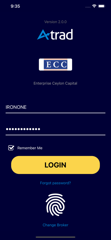 Pantalla de inicio de sesión de la aplicación ATrad Stock Trading con marca Enterprise Ceylon Capital y autenticación de huellas dactilares