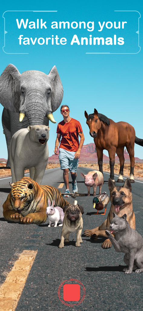 ARvid Augmented Reality - A man walking among various 3D augmented reality animals on a desert road.