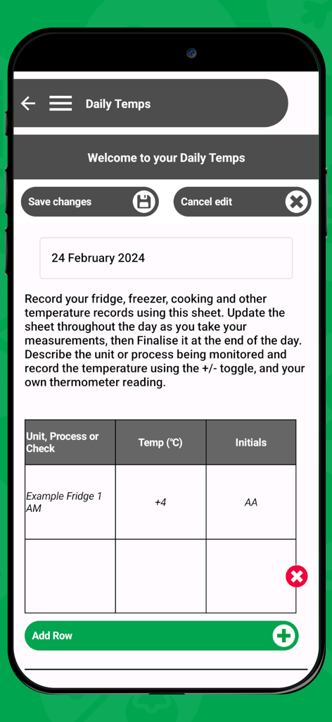 A mobile app interface for recording daily food service temperature logs