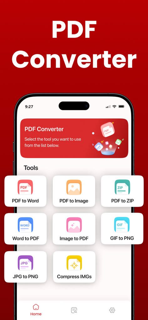 Word를 PDF로, 이미지를 PDF로와 같은 문서 변환 도구를 보여주는 PDF 변환기 앱의 인터페이스