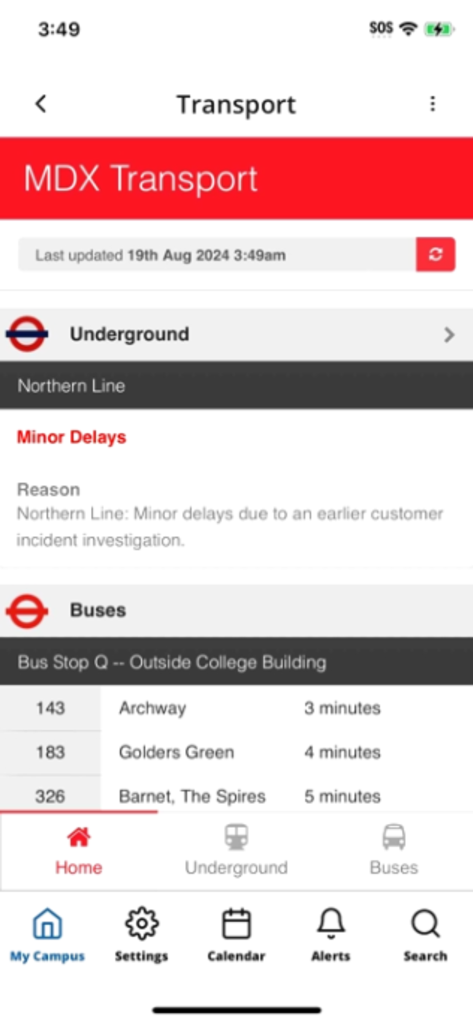 MyMDX app interface displaying real-time London Underground and bus status updates for Middlesex University students